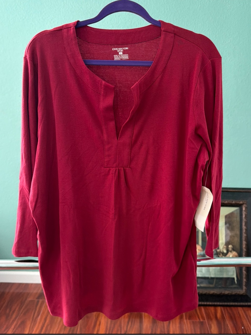 NWT - Jones New York Sport Womens 2X 3/4 Sleeve Serenity Knit Tunic Top Burgundy